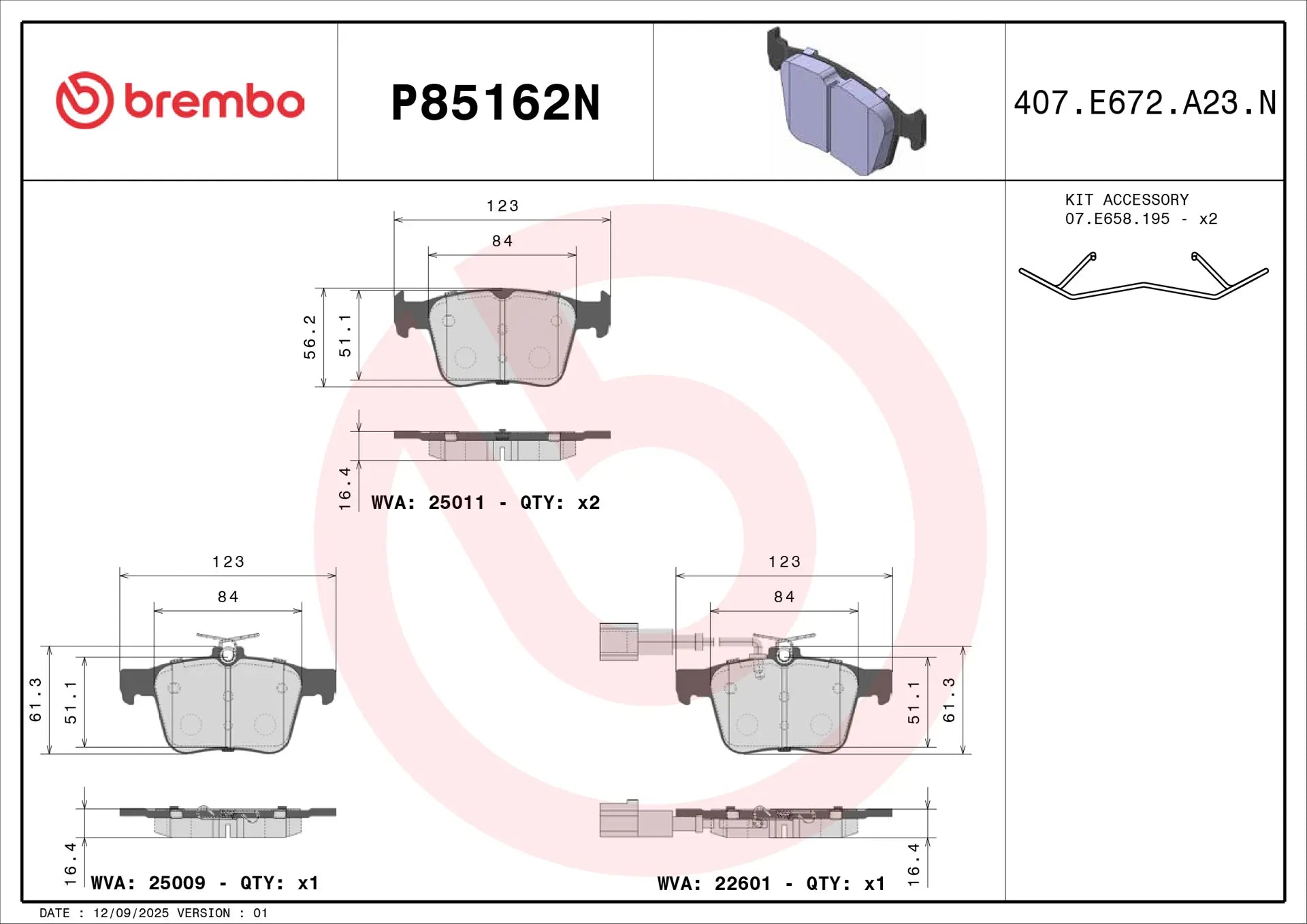 Brembo P85162N ceramic rear pads with sensor included in Audi RS3 8Y rear brake kit