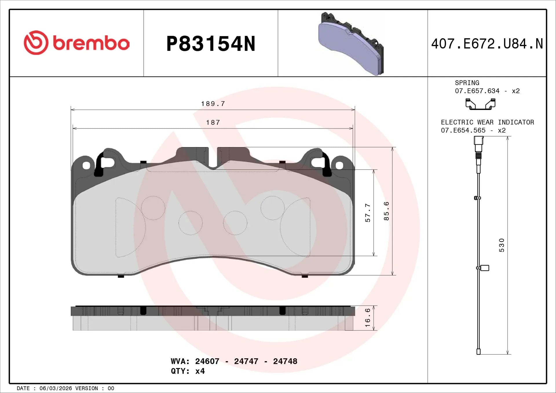 Brembo P83154N brake pad set rear view with wear sensors