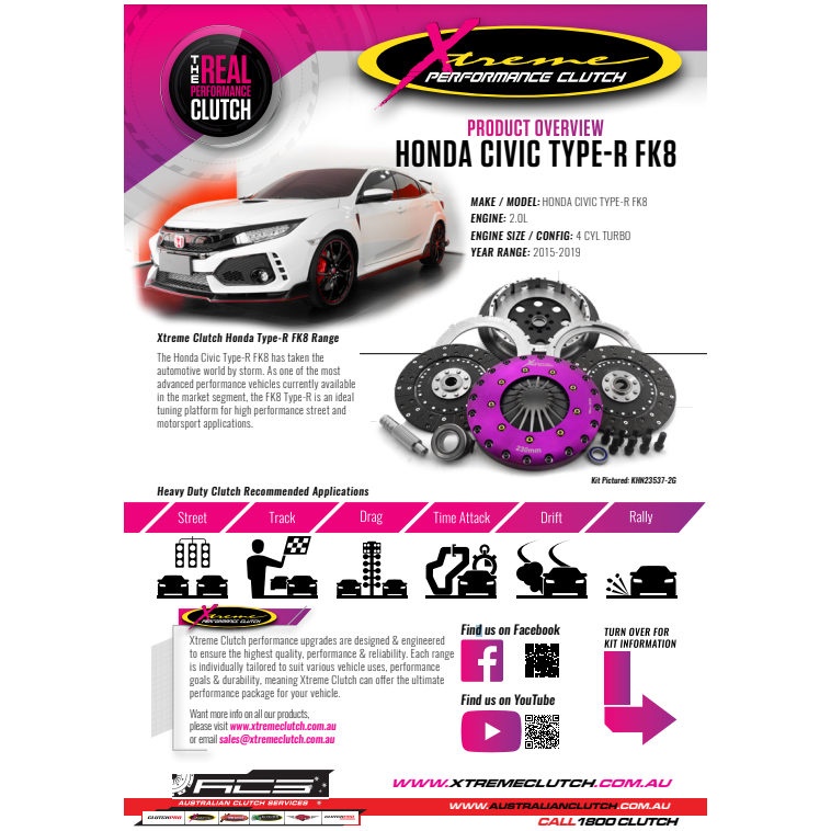 KHN23537-2G Xtreme Twin Plate Solid Organic Clutch Kit Suits Honda Civic Type-R FK8 17+