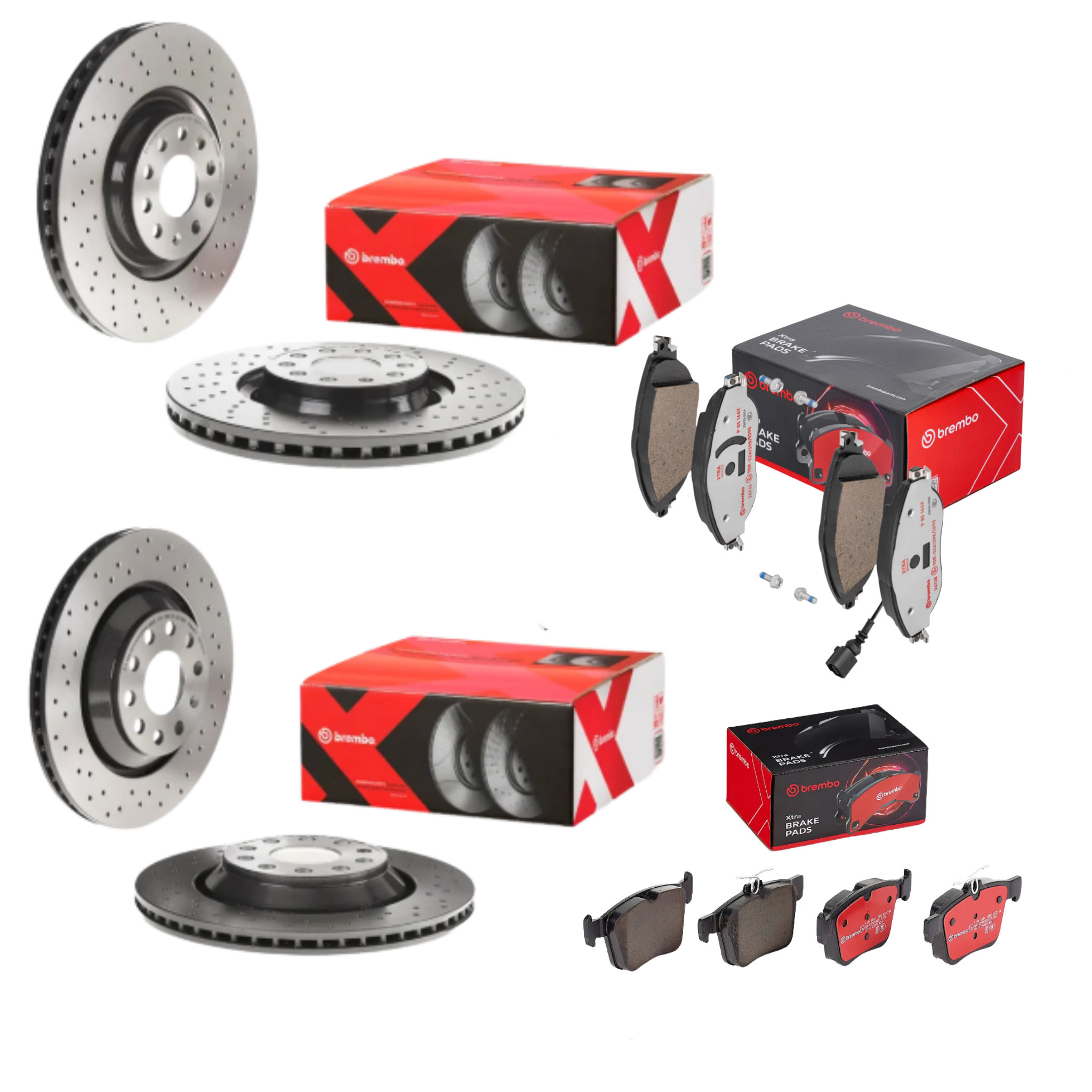 Volkswagen Golf R MK7.5 Front + Rear Drilled Brake Package - Brembo Rotors & Brembo X Series Performance Brake Pads