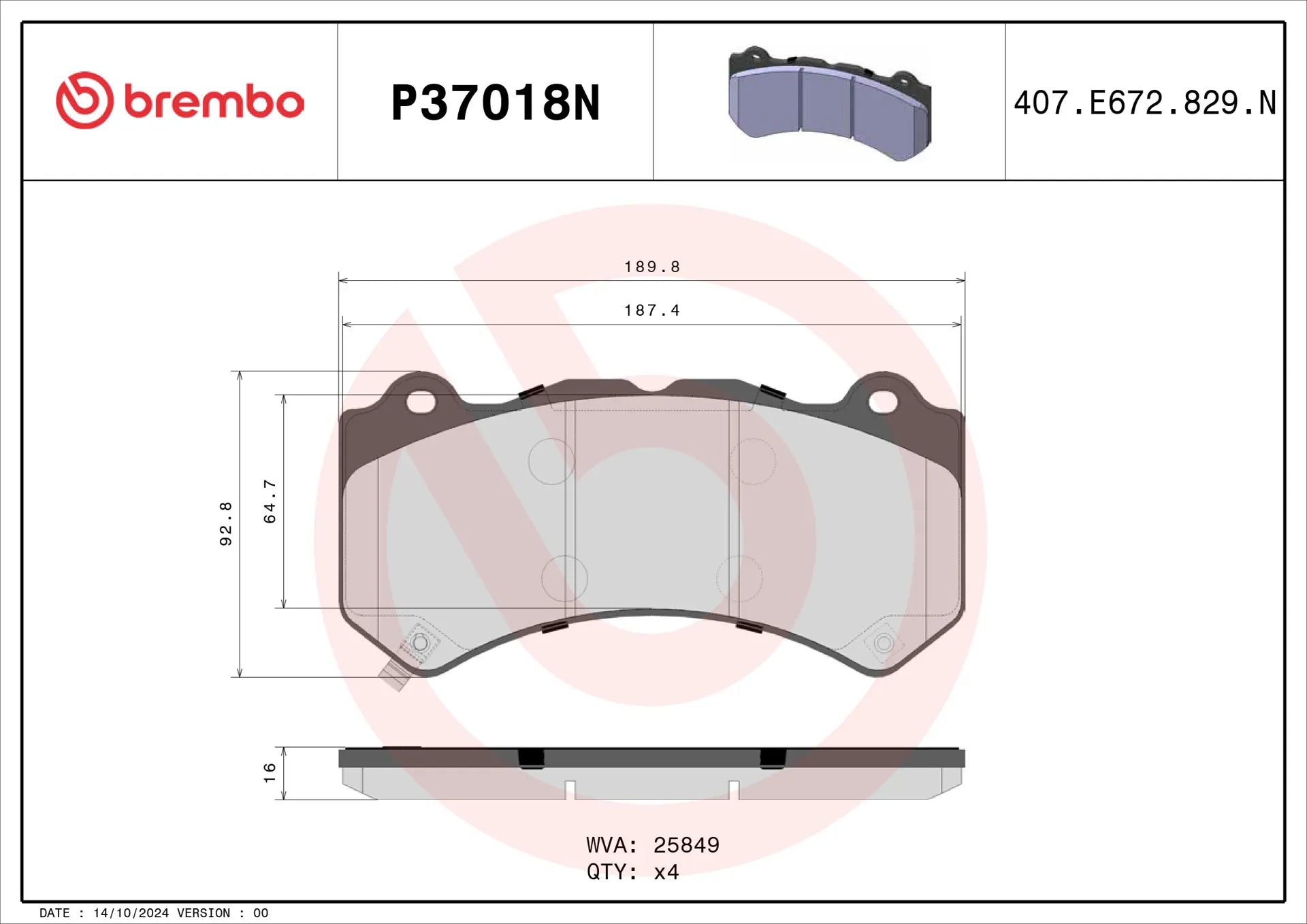 Brembo P37018N brake pad set - rear view with wear sensor tabs