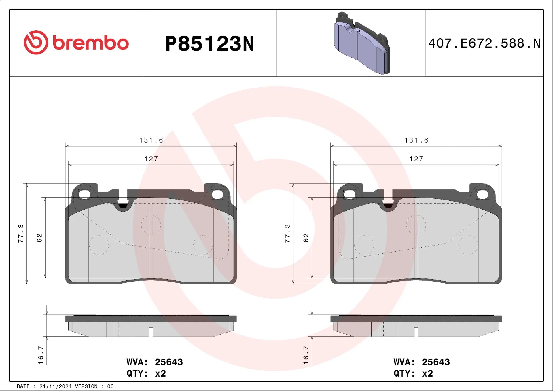 Brembo P85123N brake pad set alternate view