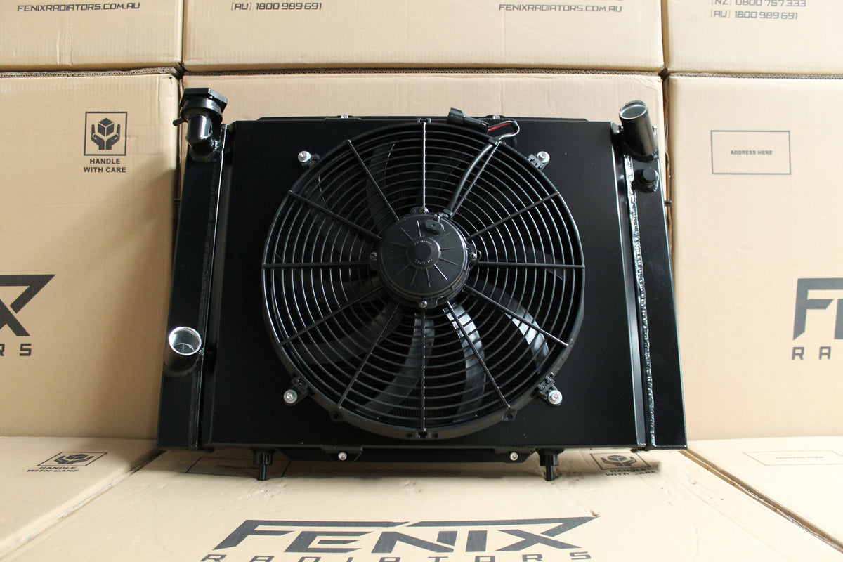 Holden VB-VC-VH-VK Commodore V8 Full Alloy Manual Radiator, Custom Built Shroud & 16" 3000CFM Spal Fan