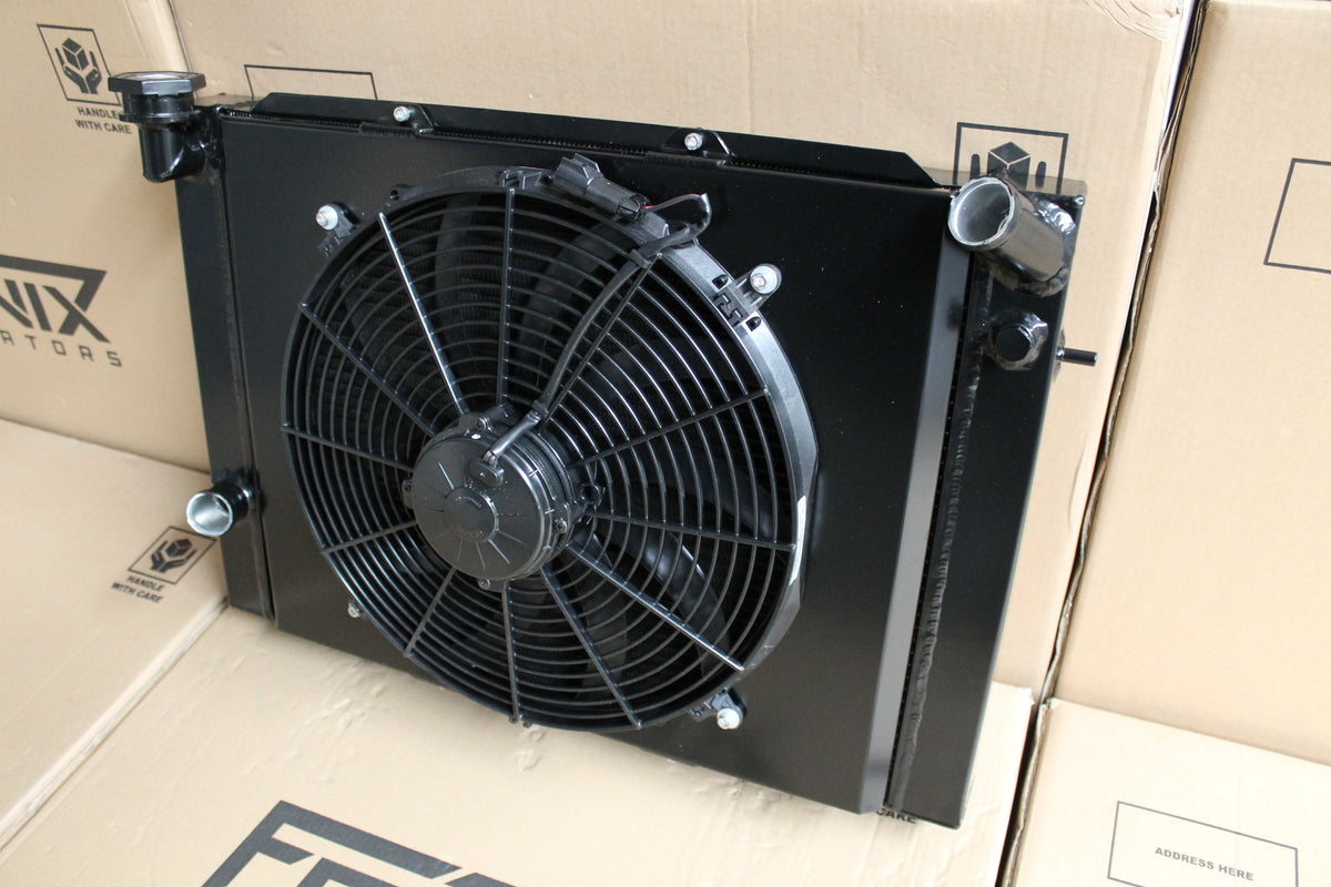 Holden VB-VC-VH-VK Commodore V8 Full Alloy Manual Radiator, Custom Built Shroud & 16" 3000CFM Spal Fan