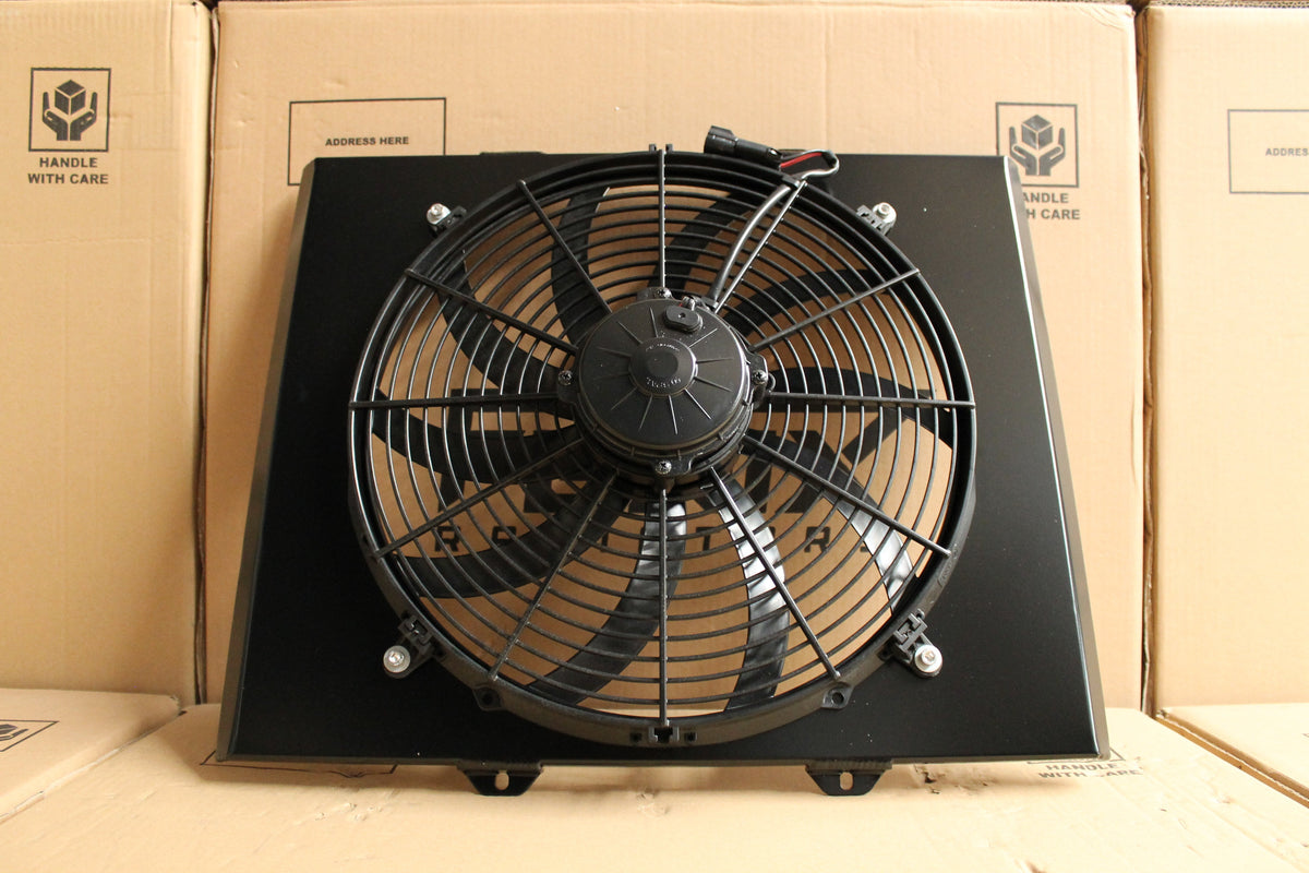 Holden VB-VC-VH-VK Commodore V8 Full Alloy Manual Radiator, Custom Built Shroud & 16" 3000CFM Spal Fan