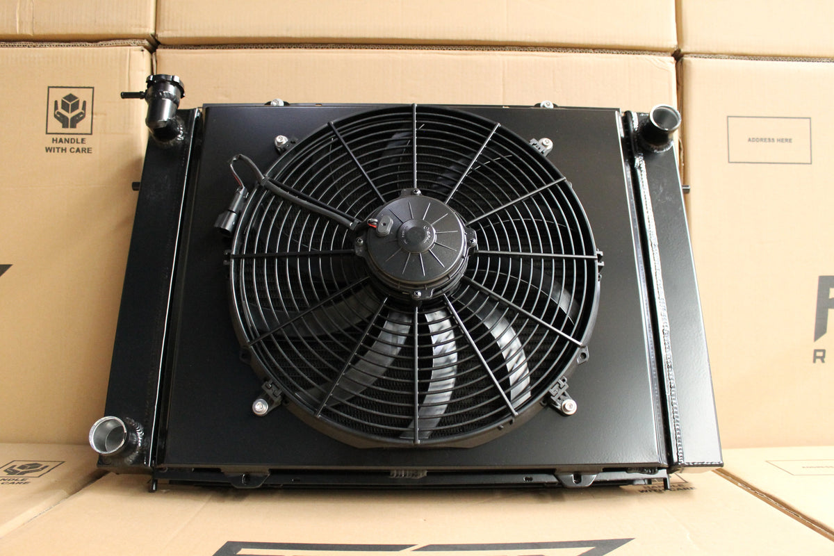 Holden VL V8 Full Alloy Performance Manual Radiator, Custom Shroud & Spal 16" 3000CFM Fan