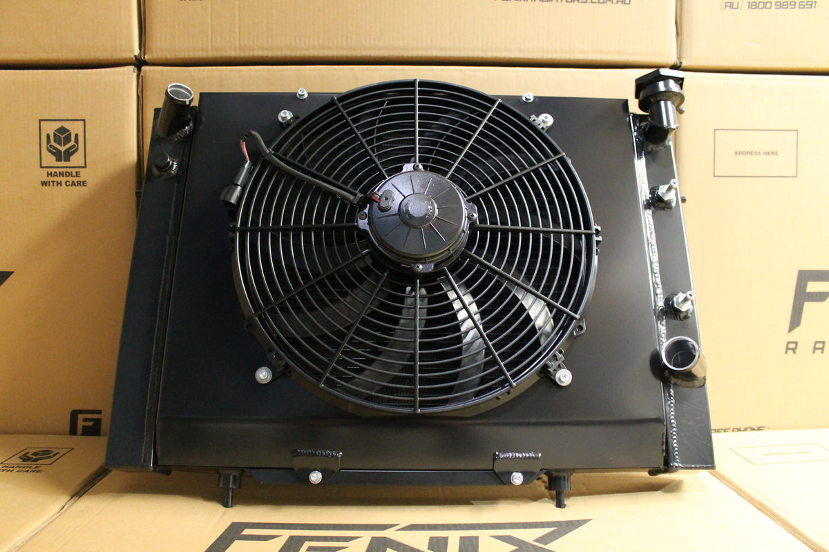 Holden VB-VC-VH-VK 6 Cylinder Full Alloy Performance Radiator, Custom Built Shroud & 16" 3000CFM Spal Fan