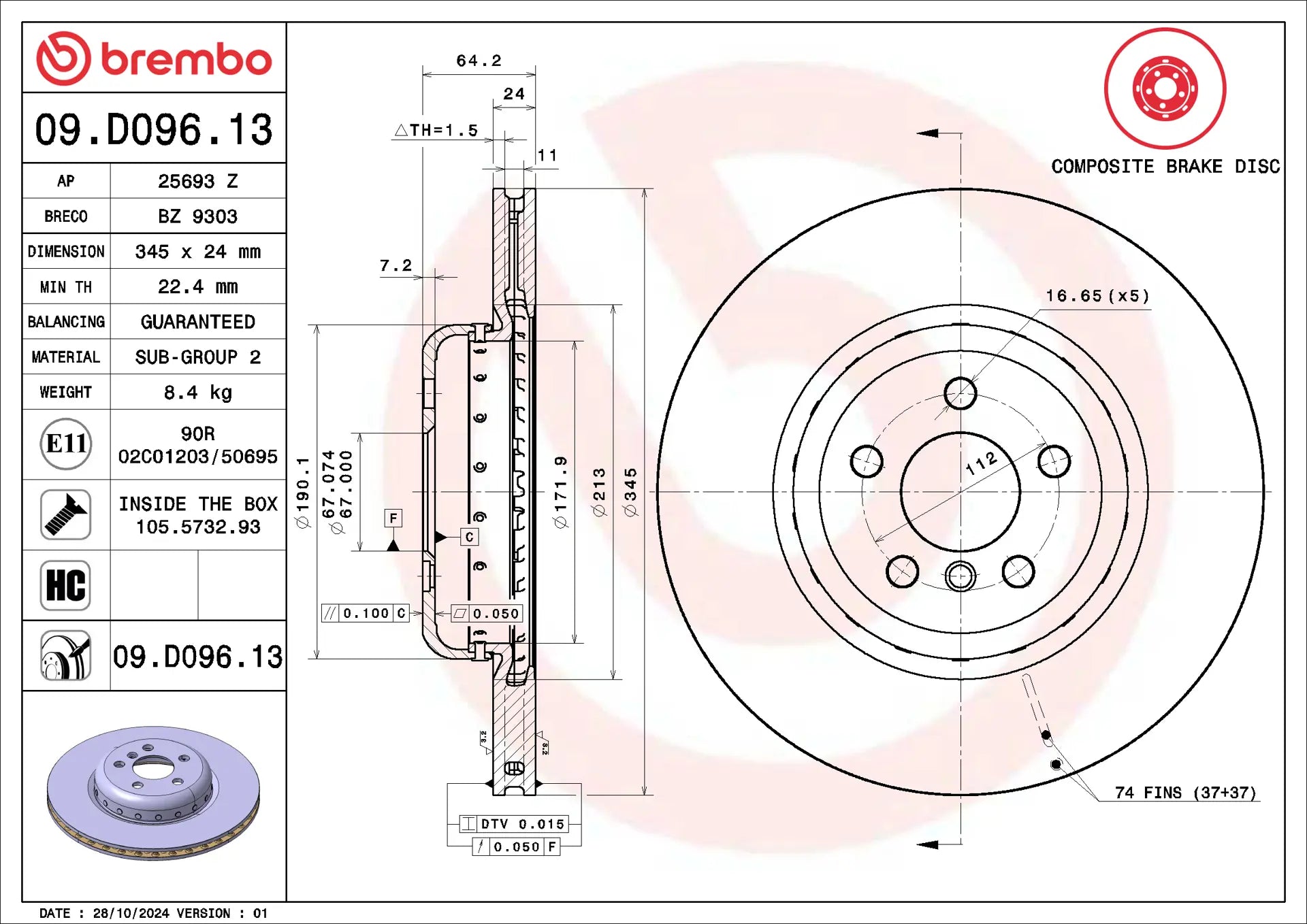 Brembo 09.D096.13 rotor alternate view