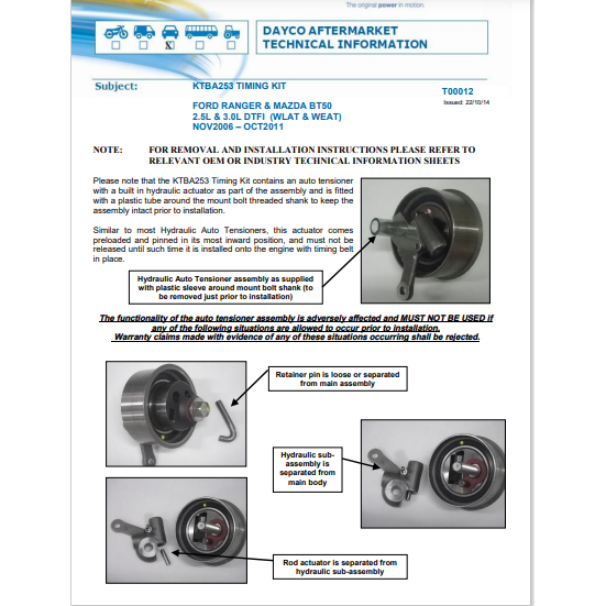 Dayco Timing Kit w/Water Pump Ford Ranger KTBA253P